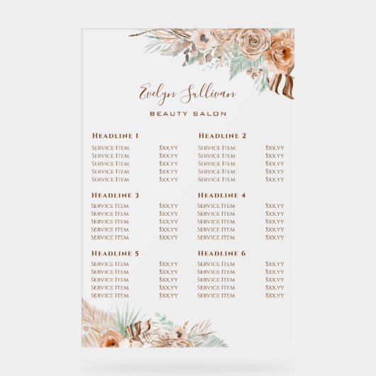 Tropical Beige en Mint prijslijst Acryl Bord (Voorkant)