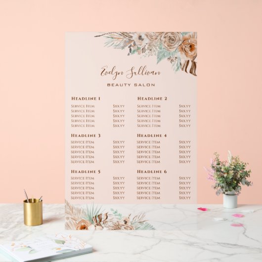 Tropical Beige en Mint prijslijst Acryl Bord (Huwelijk)