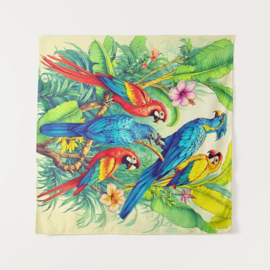 Tropical Birds Botanical Illustration Wandkleed (Voorkant (horizontaal))