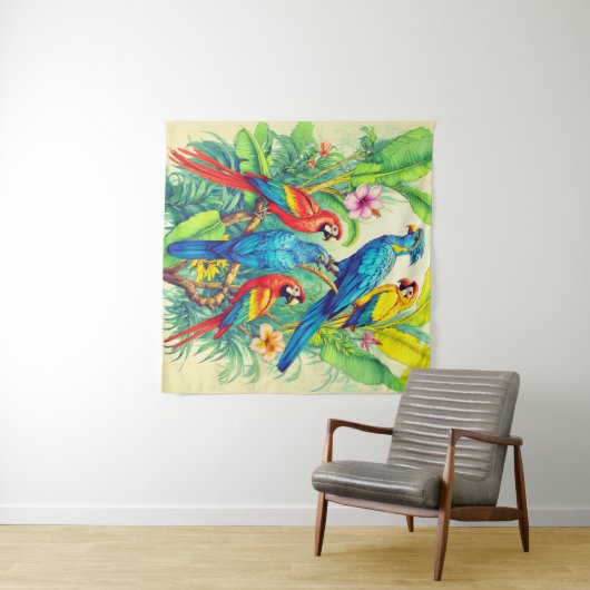 Tropical Birds Botanical Illustration Wandkleed (In Situ (horizontaal))