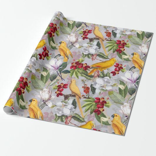 Tropical Birds Papegaaien Oerwoud - Grijs Cadeaupapier (Uitgerold)