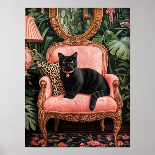 Tropical Black Cat on Sofa Poster Print, Funny Bla (Voorkant)