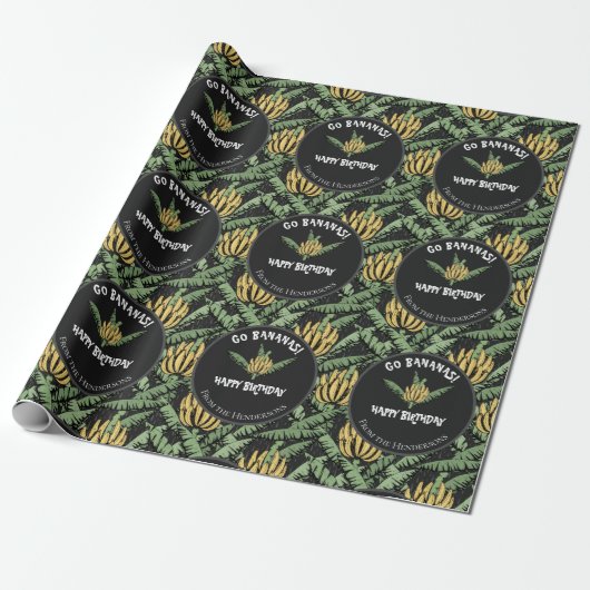 Tropical Black Go Bananas Happy Birthday Banana Cadeaupapier (Uitgerold)
