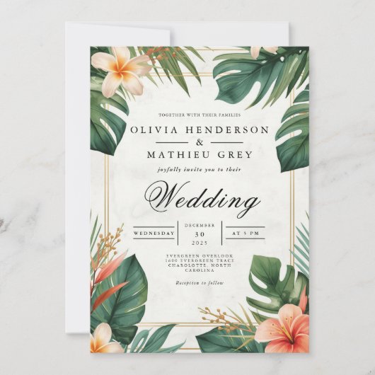 Tropical Bloom Accent Wedding Kaart (Voorkant)