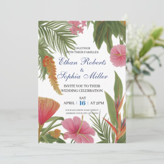 Tropical Bloom Wedding Invitation Kaart (Staand voorkant)