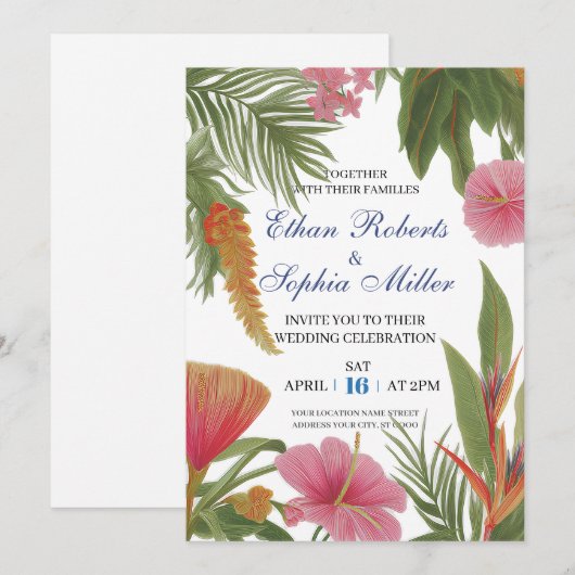 Tropical Bloom Wedding Invitation Kaart (Voorkant / Achterkant)