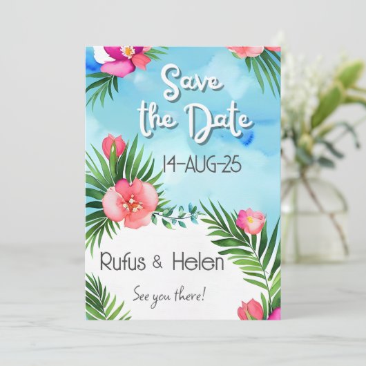 Tropical Blooms Summer Beach Wedding Save the Date Kaart (Staand voorkant)