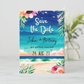Tropical Blooms: Wedding Save the Dat Kaart (Staand voorkant)