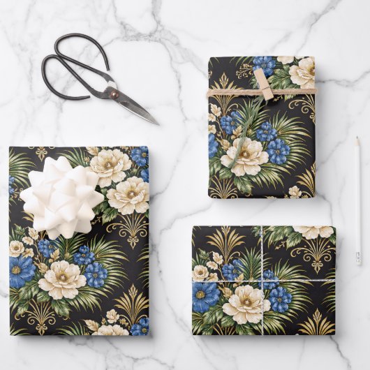 Tropical Blue Palm Floral Inpakpapier Vel (Voorkant)