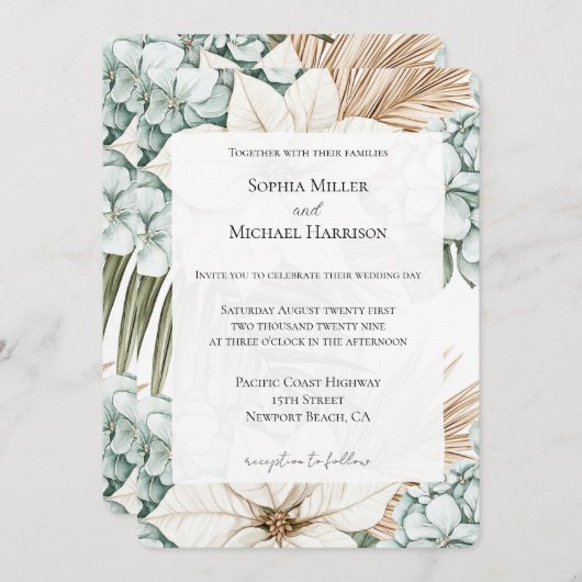Tropical Blue White Flowers Wedding Kaart (Voorkant / Achterkant)