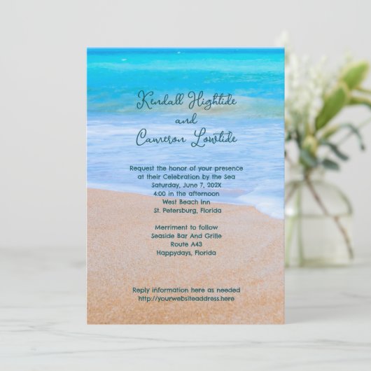 Tropical Blue Zee bruiloft uitnodiging met RSVP (Staand voorkant)