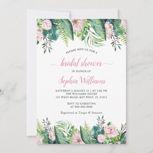 Tropical`Blush Bloemen Bruids Douche Uitnodiging (Voorkant)