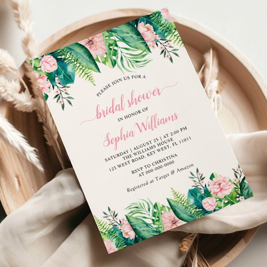 Tropical`Blush Bloemen Bruids Douche Uitnodiging