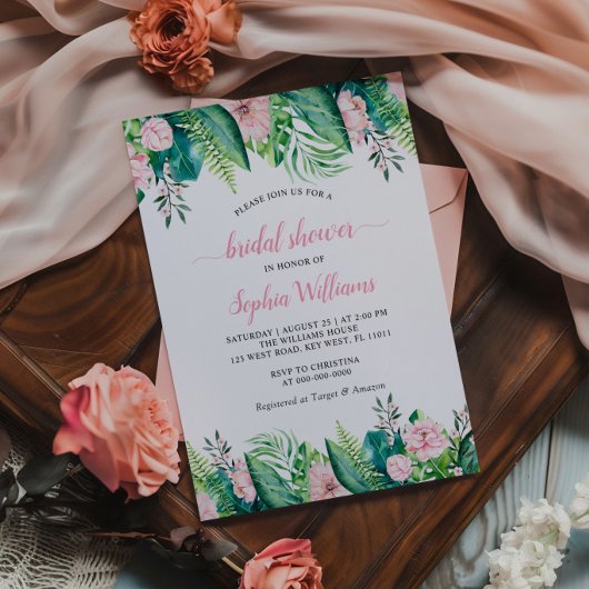 Tropical`Blush Bloemen Bruids Douche Uitnodiging
