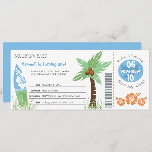 Tropical Boarding Pass Verjaardag uitnodiging (Voorkant / Achterkant)