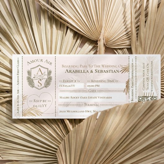 Tropical Boarding Plane Ticket Destination Wedding Kaart