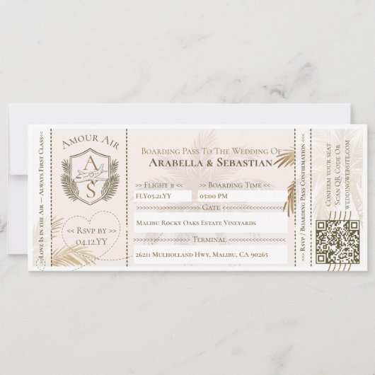 Tropical Boarding Plane Ticket Destination Wedding Kaart (Voorkant)