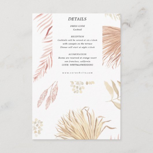 Tropical Bohemian Blush Receptie Card Informatiekaartje (Voorkant)