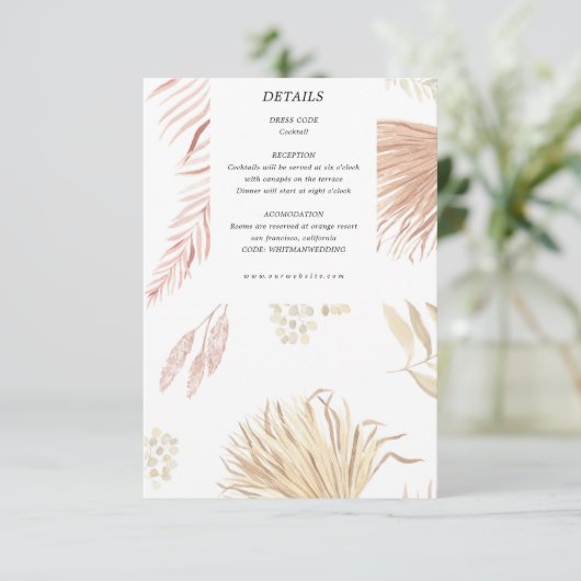 Tropical Bohemian Blush Receptie Card Informatiekaartje (Staand voorkant)