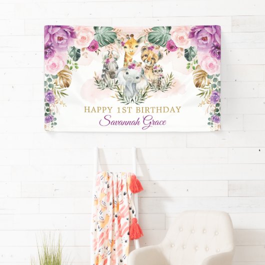 Tropical Boho Oerwoud Safari Animals Happy Birthda Spandoek (Insitu)