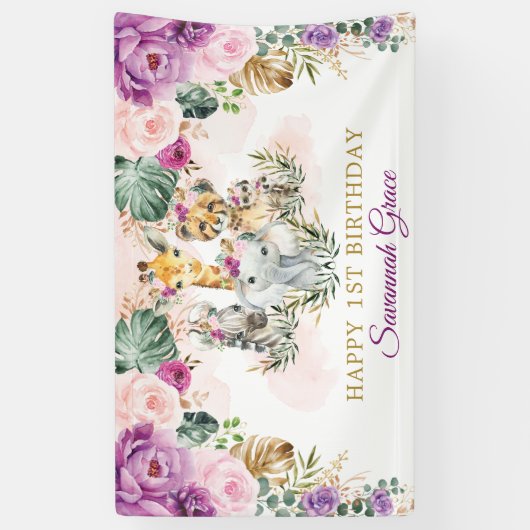 Tropical Boho Oerwoud Safari Animals Happy Birthda Spandoek (Verticaal)