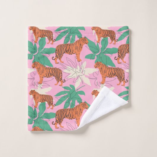 Tropical Boho Orange Pink Tiger Jungle Pattern Bad Handdoek (Wasdoekje)