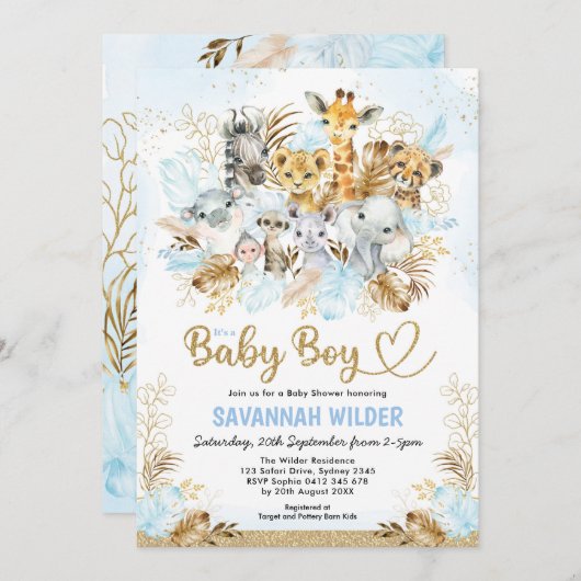 Tropical Boho Safari Baby Boy Blue Gold Shower Kaart (Voorkant / Achterkant)