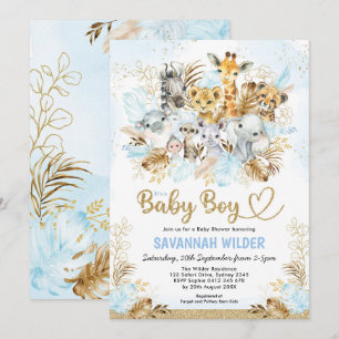 Tropical Boho Safari Baby Boy Blue Gold Shower Kaart