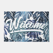 Tropical Boho Welkom Blauw Oerwoud Bladeren Deurmat (Voorkant)