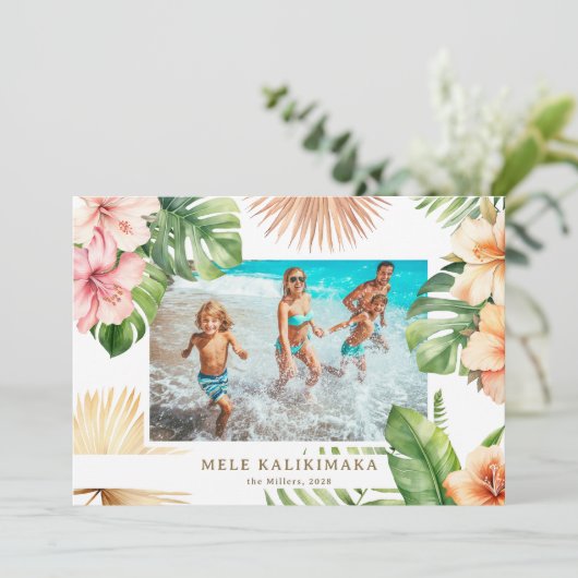 Tropical Botanical Mele Kalikimaka Photo  Feestdagenkaart (Staand voorkant)