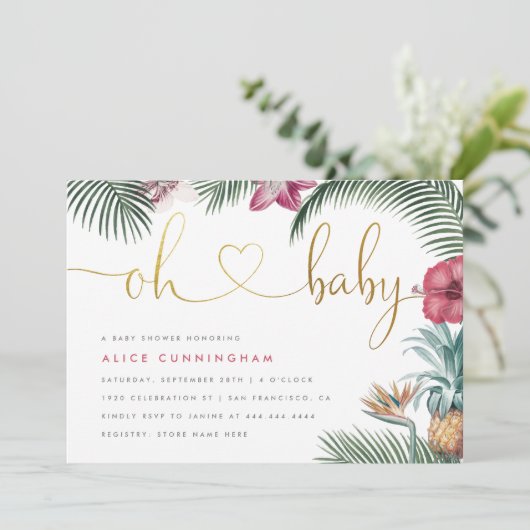 Tropical Botanical Oh Baby Gold Script Baby shower Kaart (Staand voorkant)