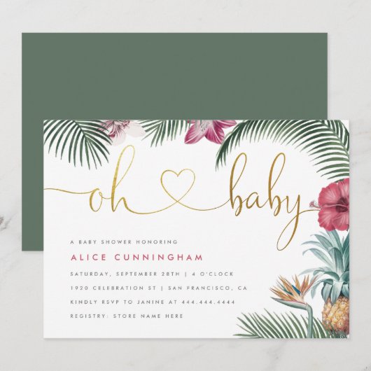 Tropical Botanical Oh Baby Gold Script Baby shower Kaart (Voorkant / Achterkant)