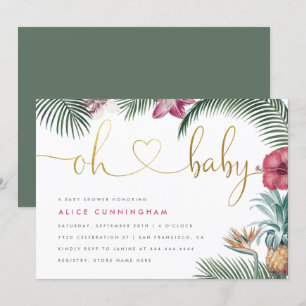 Tropical Botanical Oh Baby Gold Script Baby shower Kaart