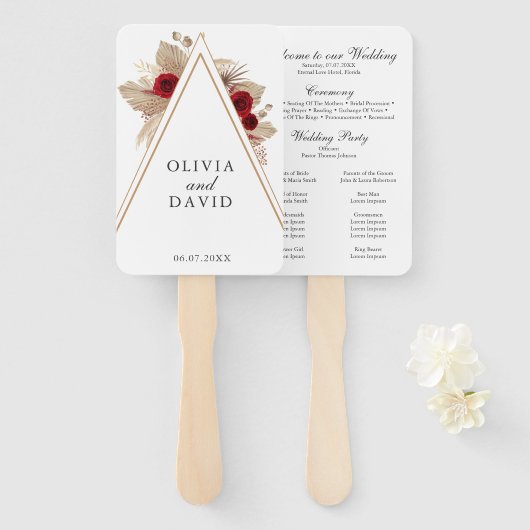 Tropical Bourgondië Roos tuin bruiloft programma Handwaaier (Voorkant en achterkant)