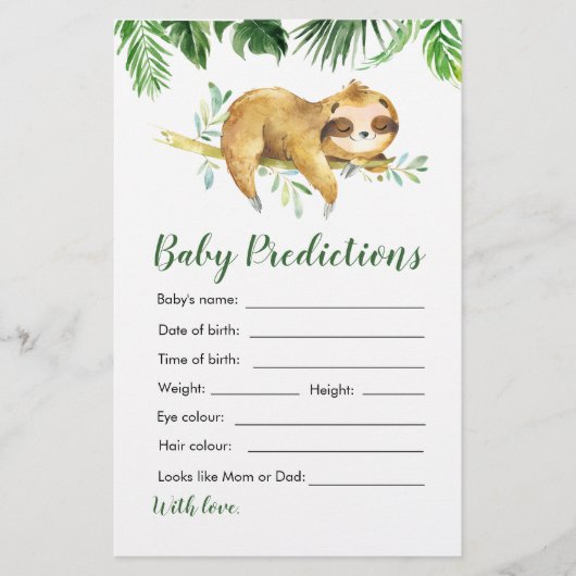 Tropical Boy Sloth Baby shower Baby voorspellingen (Voorkant)