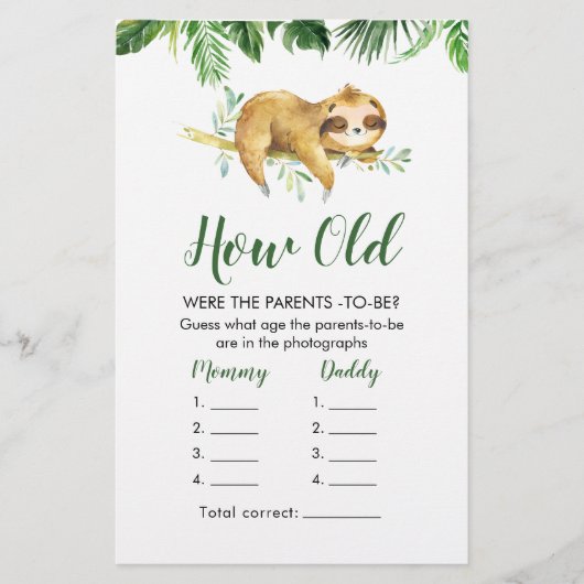 Tropical Boy Sloth Baby shower Hoe oud Ouders (Voorkant)