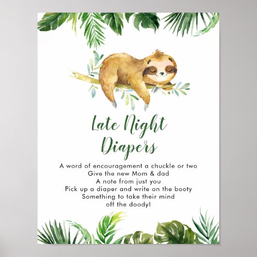 Tropical Boy Sloth Baby shower Late Night Luier Poster (Voorkant)