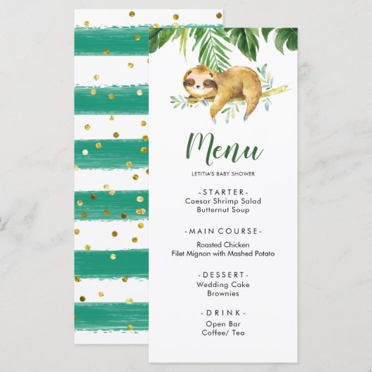 Tropical Boy Sloth Baby shower Menu (Voorkant / Achterkant)