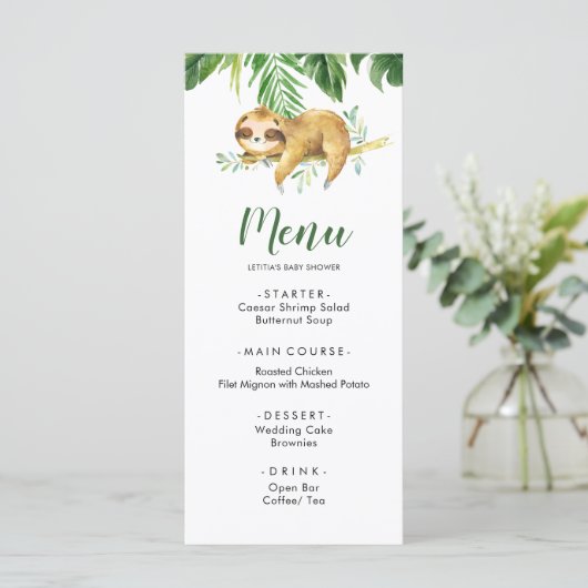 Tropical Boy Sloth Baby shower Menu (Staand voorkant)