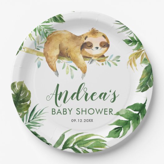 Tropical Boy Sloth Baby shower papier Bord (Voorkant)