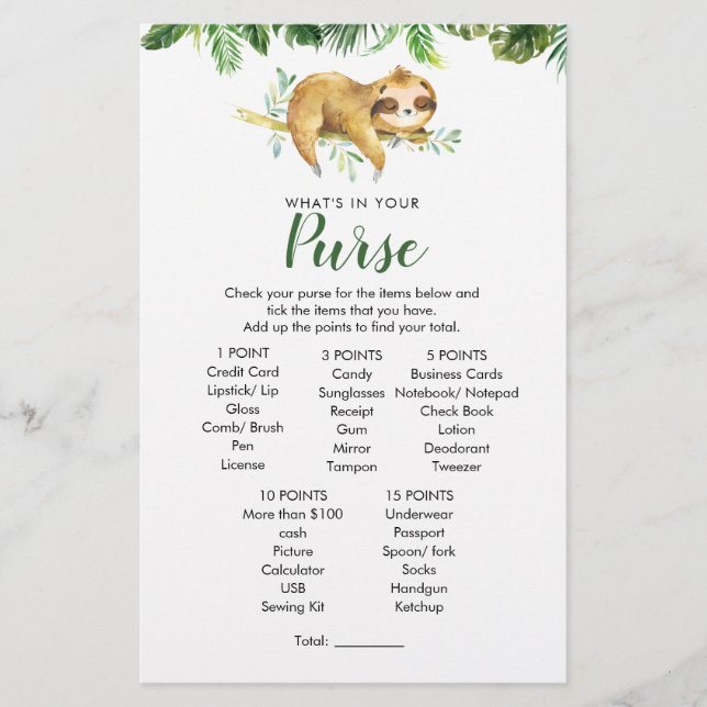 Tropical Boy Sloth Baby shower Purse Game (Voorkant)