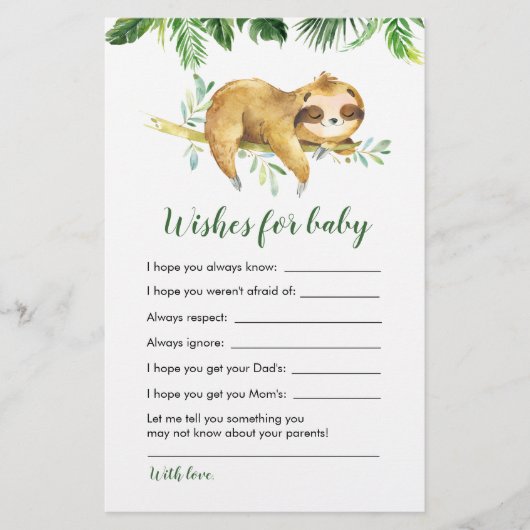 Tropical Boy Sloth Baby shower Wensen voor baby (Voorkant)