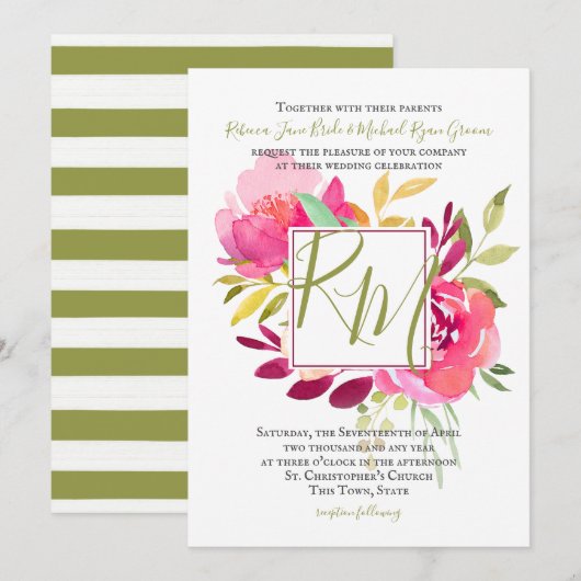 Tropical Brights Roos Square Lijst Monogram Kaart (Voorkant / Achterkant)