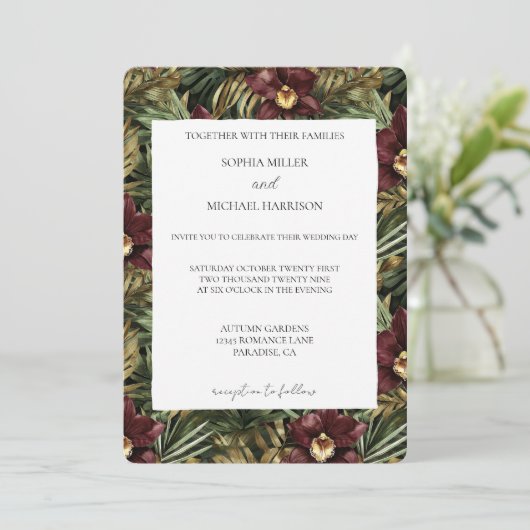 Tropical Burgundy Red Wine Orchid Floral Wedding Kaart (Staand voorkant)