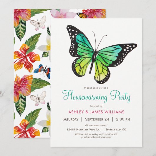 Tropical Butterfly Housewarming Party Uitnodiging (Voorkant / Achterkant)