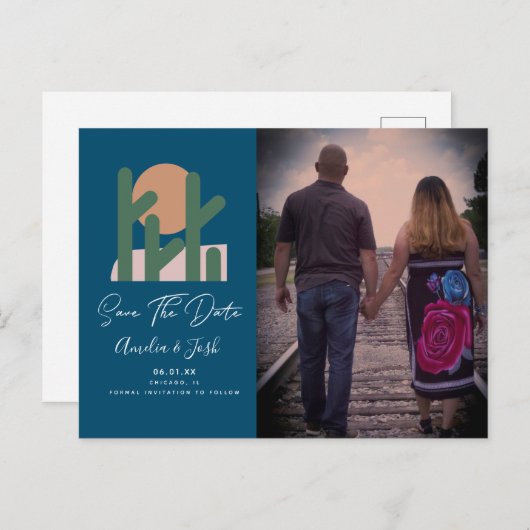 Tropical Cactus Navy Save the Date Photo Briefkaar Briefkaart (Voorkant / Achterkant)