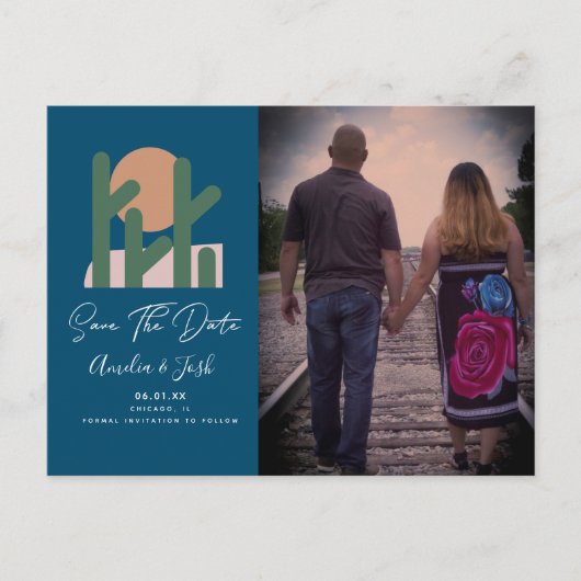 Tropical Cactus Navy Save the Date Photo Briefkaar Briefkaart (Voorkant)