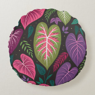Tropical Caladium Round Pillow – Purple & Green Bo Rond Kussen