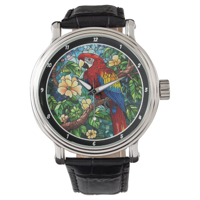 Tropical Canopy Time" - Stained Glass Parrot  Horloge (Voorkant)