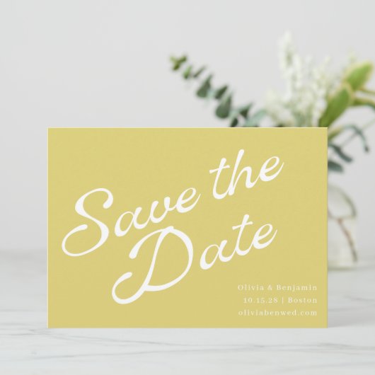 Tropical Chartreuse Yellow Retro Script Wedding Save The Date (Staand voorkant)